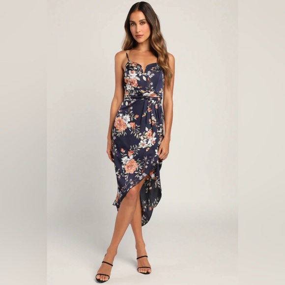 Lulus Navy Floral Midi Dress - Picture 1 of 4